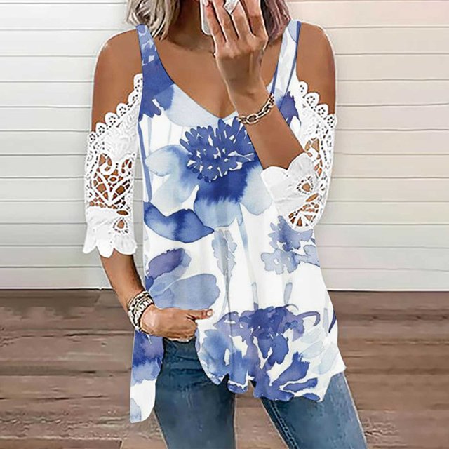 Fiudx Ofertas de La Semana Tops de Encaje con Estampado de Manga Corta y Cuello En V a La Moda para Mujer
