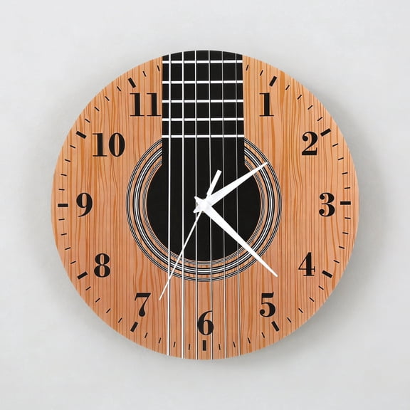 12" Acoustic Guitar Wall Clock, Silent Battery Operated Design, Wooden Decorative Quartz Clock, Large Music Style Wall Decor for Bedroom, Living Room, Music Room