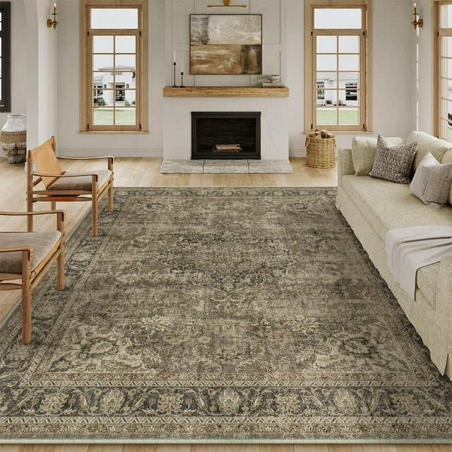 Alfombra WondrG, vintage, marrón, 10 x 14 pies, para sala de estar y dormitorio
