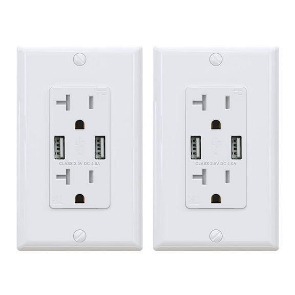 ELEGRP USB Wall Charger,Dual Type A, 4.0 Amp, W/ 20 Amp Duplex TR Outlet, W/Wall Plate,R1620D40-WH2-SW,UL Listed (2pcs-in,White)