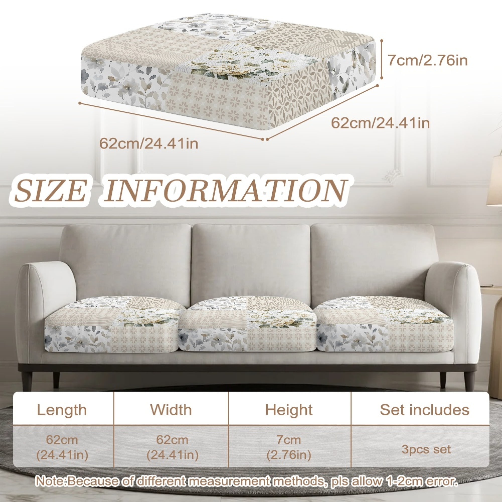 TSOVTHRID Beige Flower Patchwork Print Couch Cushion Covers, Soft Cushion Couch Sofa Slipcovers Anti Slip Sofa Seat Covers Washable Furniture Protector for Living Room Decoration, 24x24 Inch