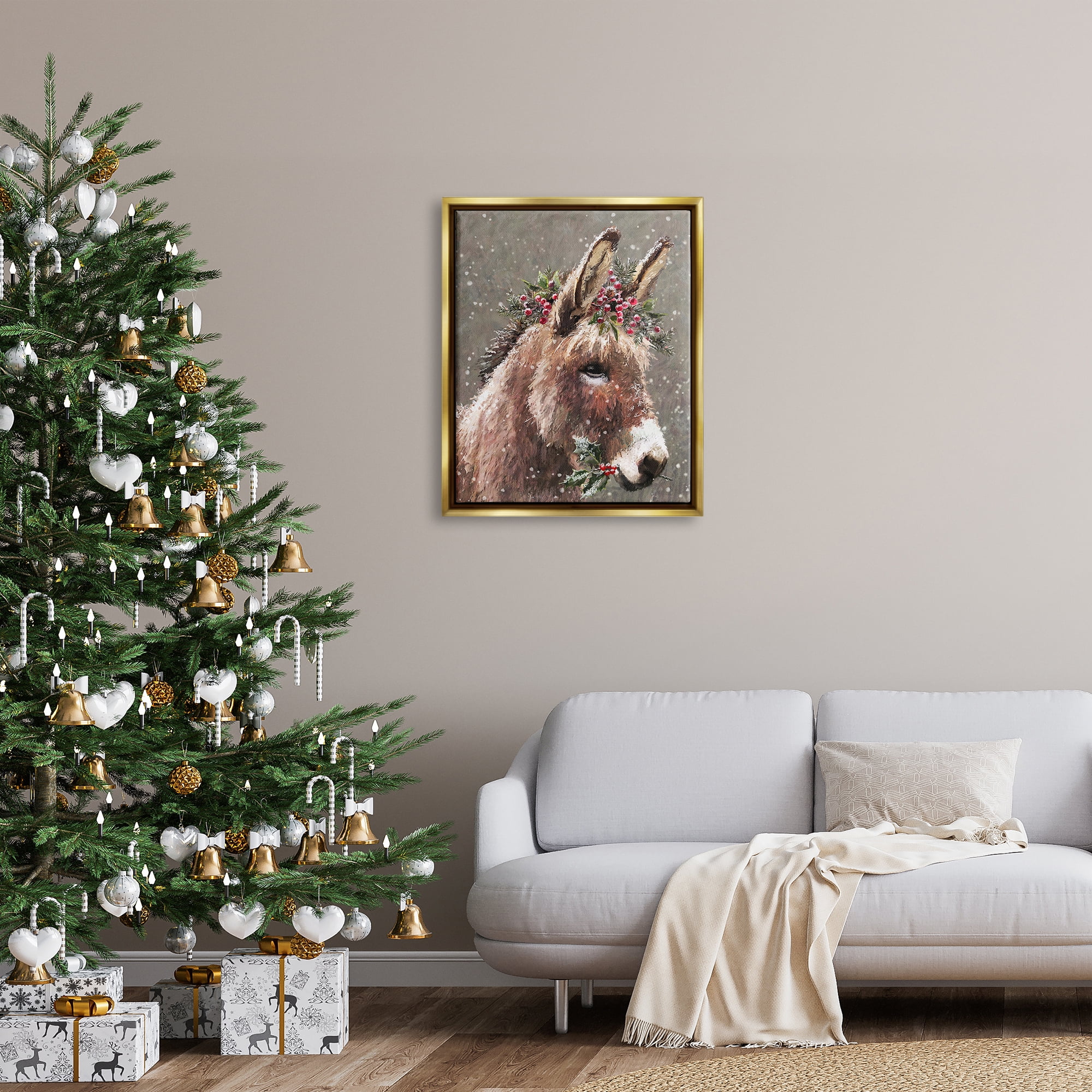 Stupell Industries Winter Donkey Snow Falling Holiday Painting Gold Floater Framed Art Print Wall Art