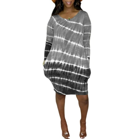 

FASHIONWT Women Gradient Striped One-Piece With Pockets Long Sleeve Round Neck Baggy Knee-Length Dress