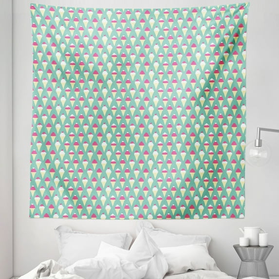 Cream and White Tapestry, Ice Cream Cones with Toppings Cherry on Top Pop Art Style Motif, Fabric Wall Hanging Decor for Bedroom Living Room Dorm, 5 Sizes, Seafoam Cream and Pink, by Ambesonne