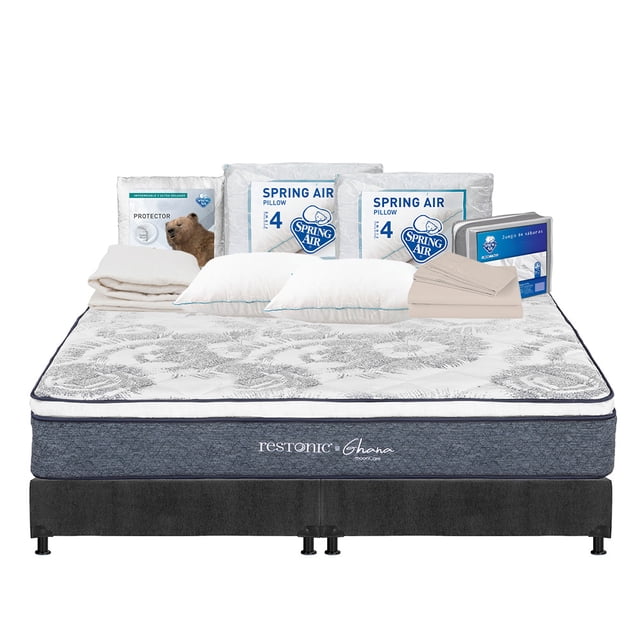 Colchón King Size Ghana Restonic + Box + 2 Almohadas + Protector de Colchón + Juego de Sábanas
