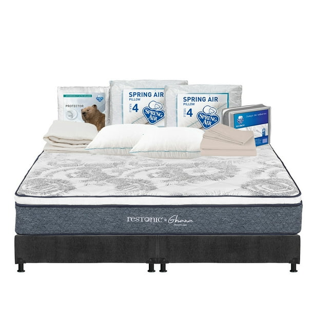 Colchón King Size Ghana Restonic + Box + 2 Almohadas + Protector de Colchón + Juego de Sábanas