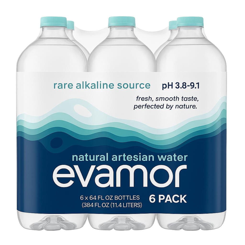 Evamor Natural Alkaline Artesian Water, 64 Fl. Oz, (Pack of 6)