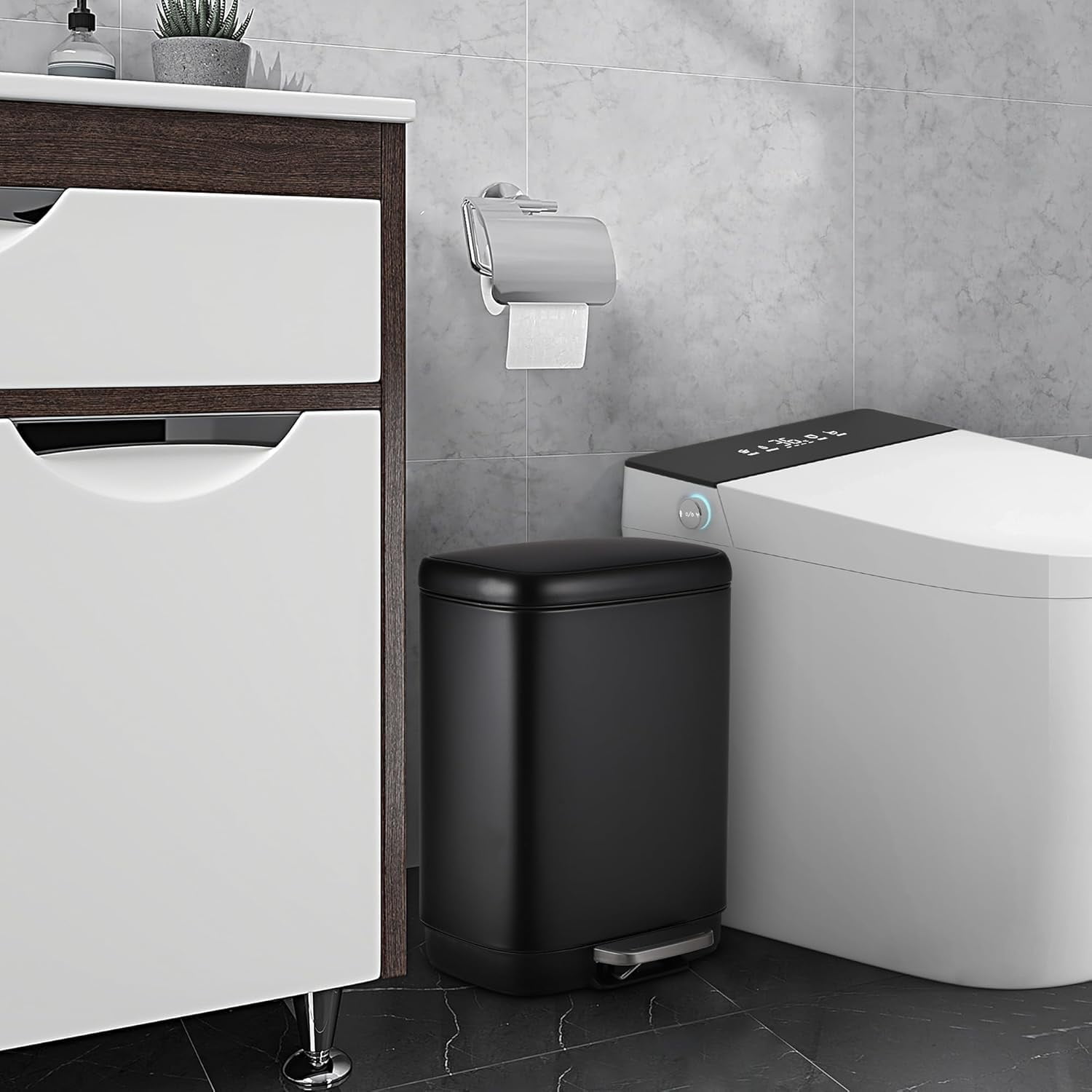 Bathroom Trash Bin with Lid, 3.2 Gallon Stainless Steel Kitchen Trash Can, With Automatic Lowering and Soft Closing, Recycling Bin for Kitchen, Bathroom or Office