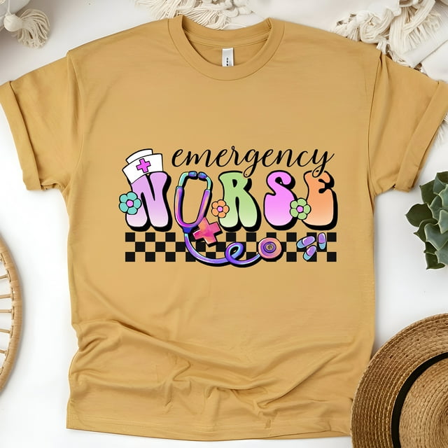 Emergency Nurse T-Shirt | Pastel Lettering with Stethoscope and Checkered Print Tee, Gold, Size M