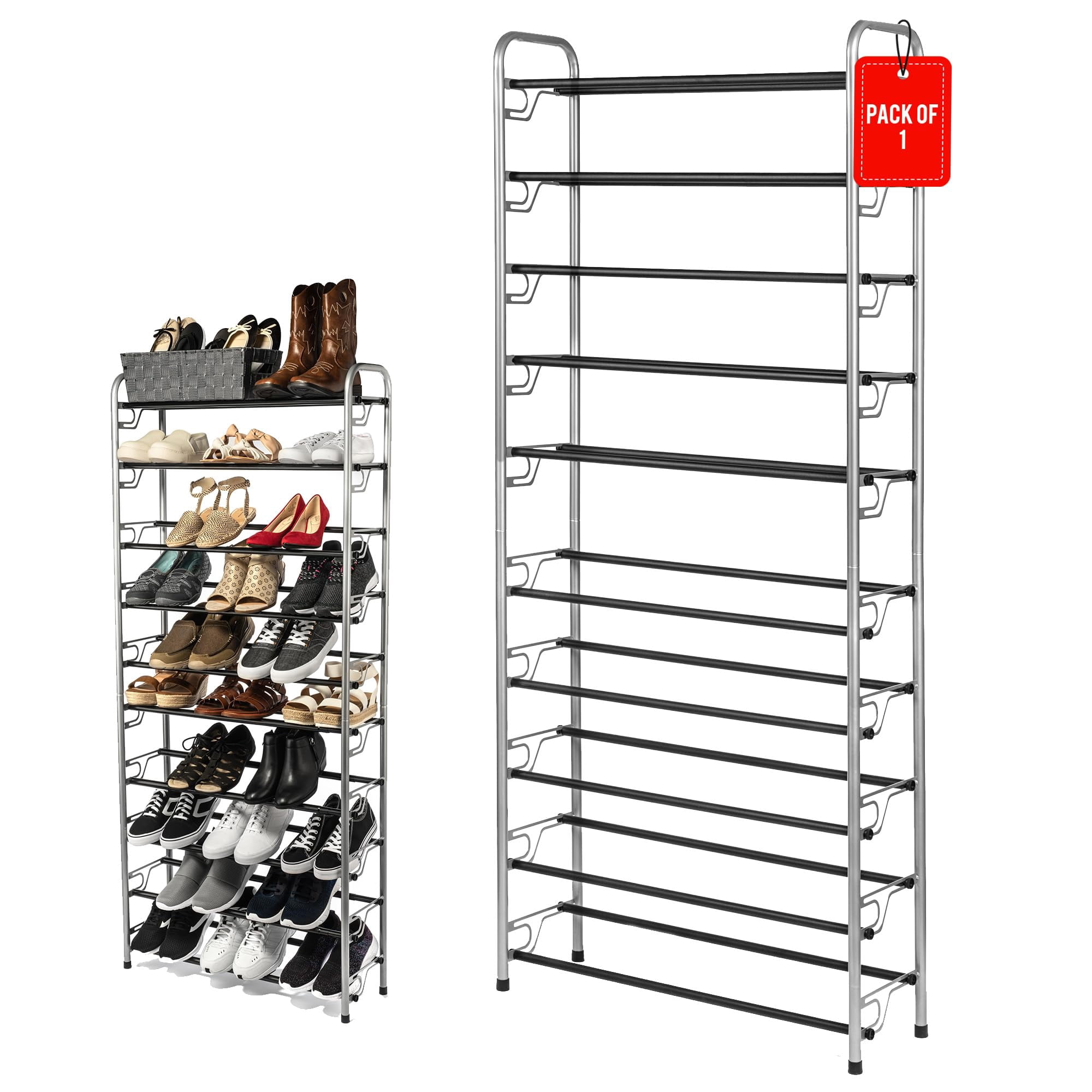 USTECH 10-Tier Expandable Metal Shoe Rack Organizer | Adjustable & Stackable Shoe Shelf for 40 Pairs | Free Standing Closet Storage with Non-Slip Finish & Rubber Feet for Entryway & Bedroom