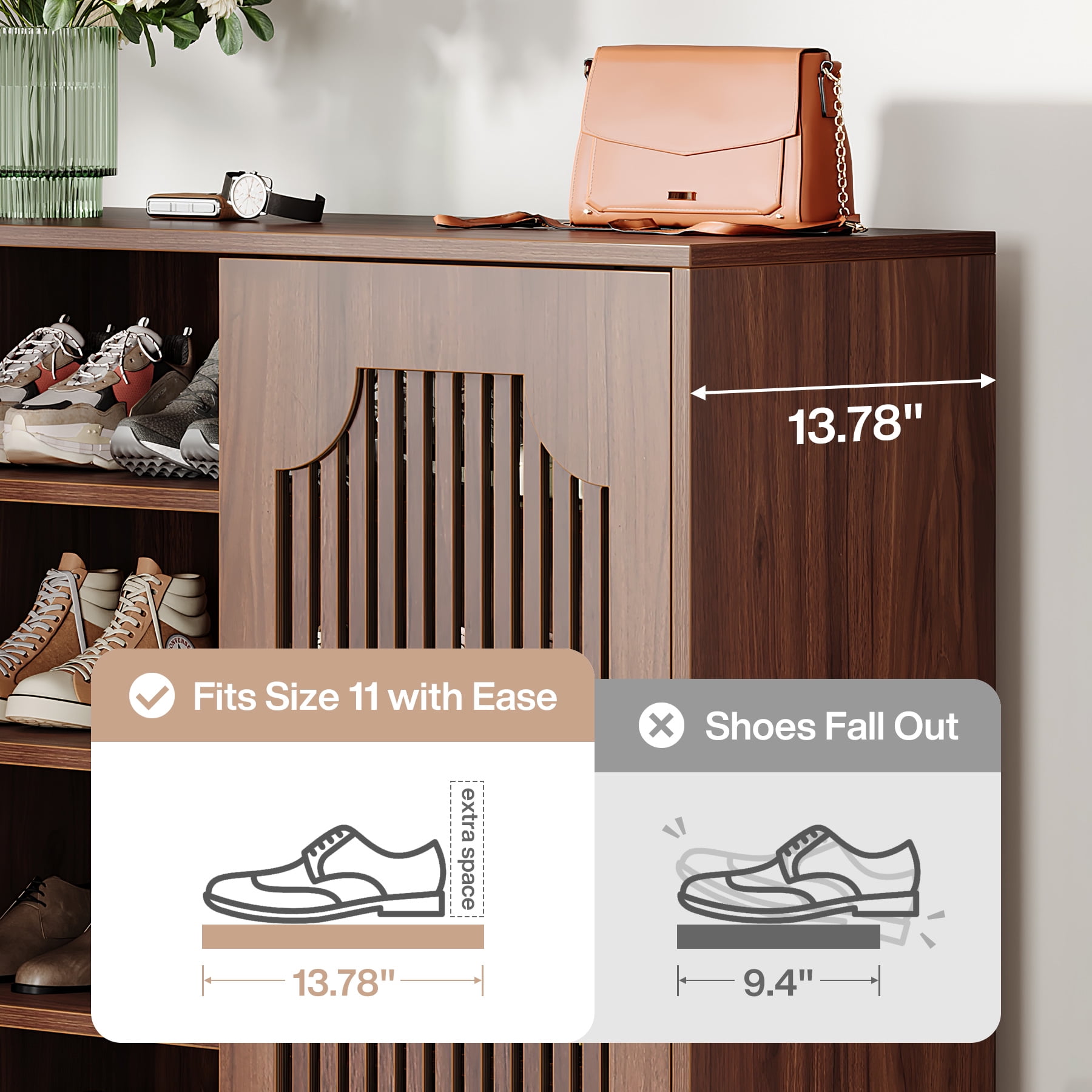 Fnova 5-Tier 20 Pairs Shoe Cabinet with Doors, Narrow Wooden Shoe Rack Organizer with Adjustable Shelves for Entryway, Hallway, Living Room, Brown