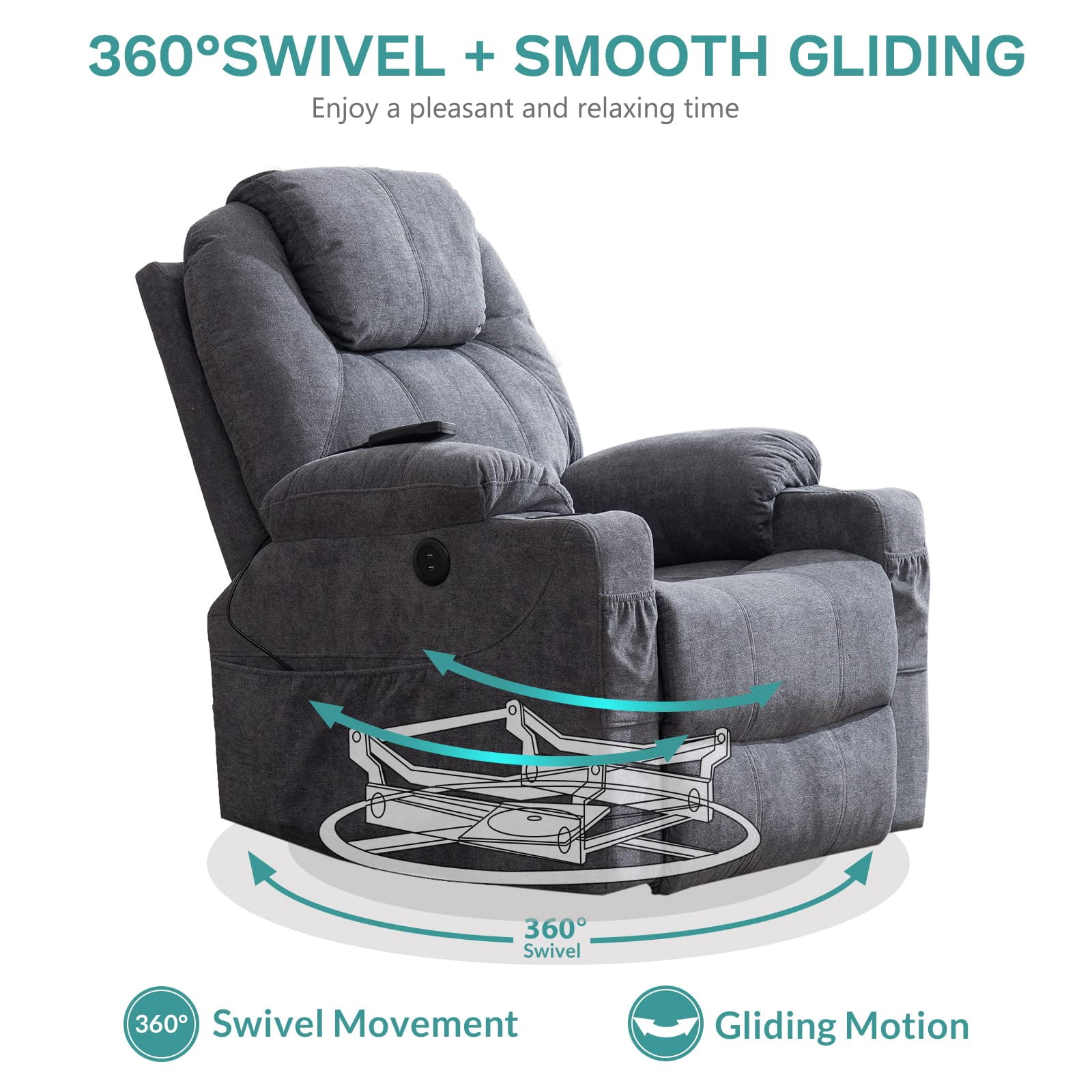 MEETWARM Massage Recliner with Heat, Swivel, Rocker, USB Ports & Cup Holders, Gray