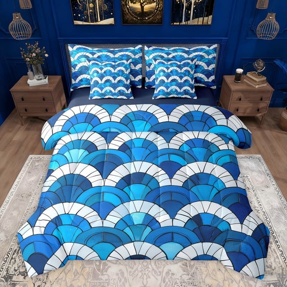 Homewish Geometric Semicircle Twin Bedding Sets 7-Piece for Female Men Women,Blue White Sector Bedding Comforter Set Microfiber,Abstract Gradient Ombre Breathable Sheet Sets