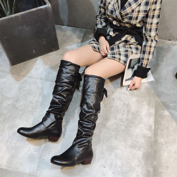 Domuza boots for women,Round Toe Back Lace Up Knee High Boots, Ruched Low Heel Casual Leather Tall Boots Black 5.5(EU-36)