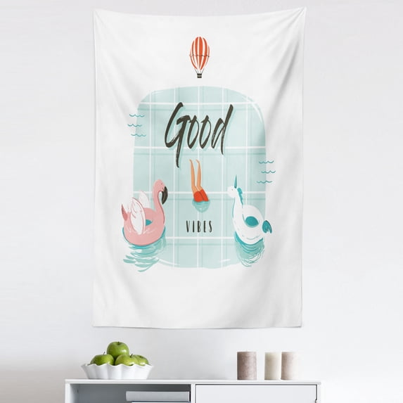 Chill Tapestry, Pink Flamingo and Unicorn Ring in Swimming Pool Summertime Fun, Fabric Wall Hanging Decor for Bedroom Living Room Dorm, 5 Sizes, Pale Green Coral Black, by Ambesonne