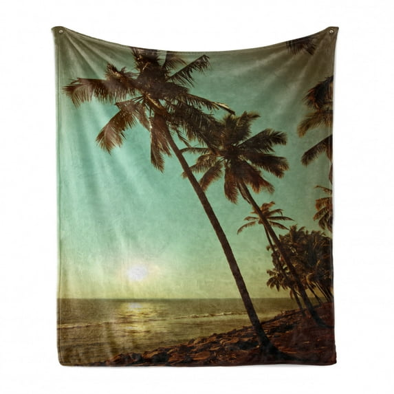 Palm Tree Soft Flannel Fleece Blanket, Sunset Tropical Beach Dusk on Pacific Ocean Vintage Exotic Trees Landscape Print, Cozy Plush for Indoor and Outdoor Use, 50" x 60", Green Brown, by Ambesonne