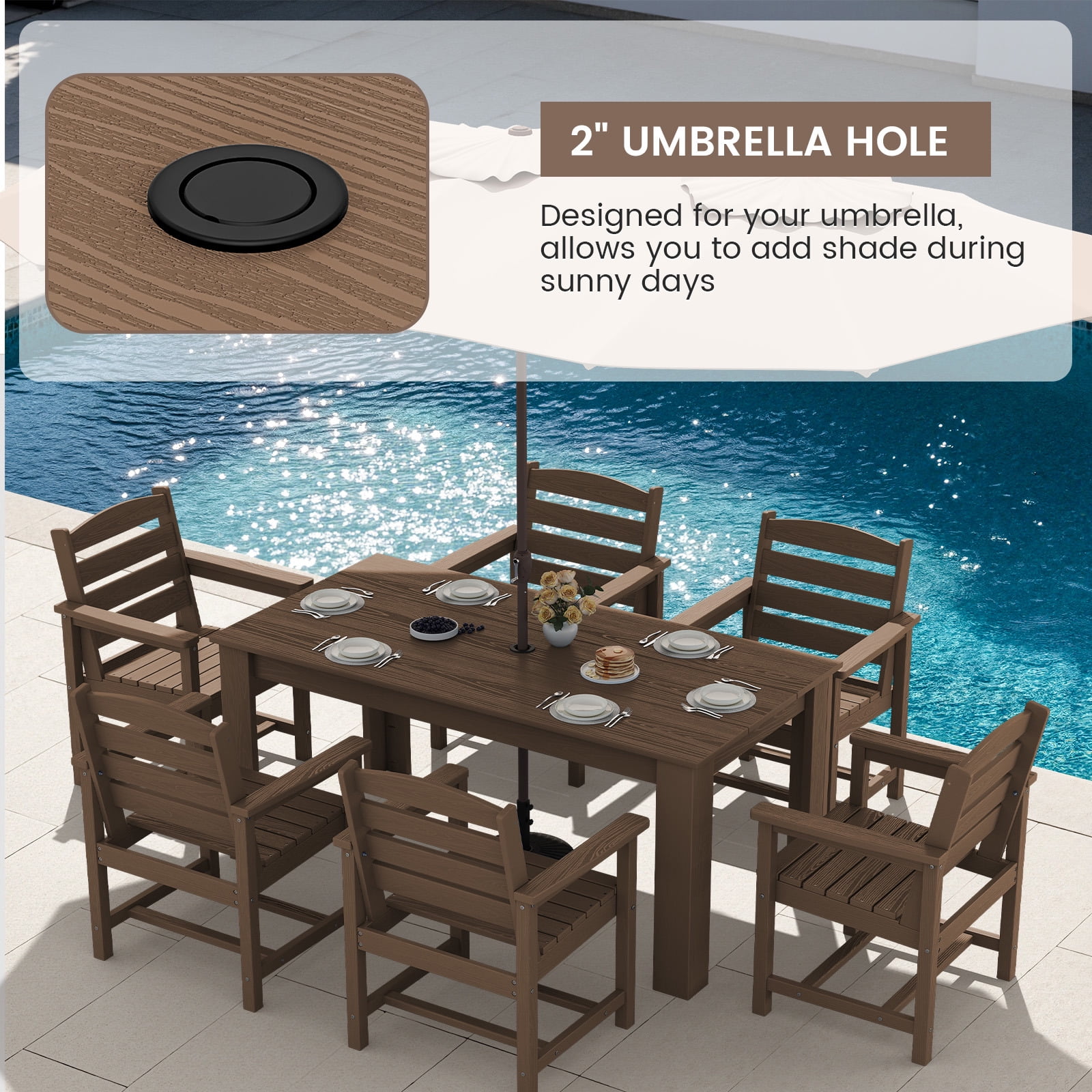 SERWALL 10-Piece Outdoor Dining Set, 2 Rectangle 59" Dining Tables with Umbrella Holes and 8 Patio Dining Chairs with Umbrella Hole for Garden, Deck, Poolside, Brown