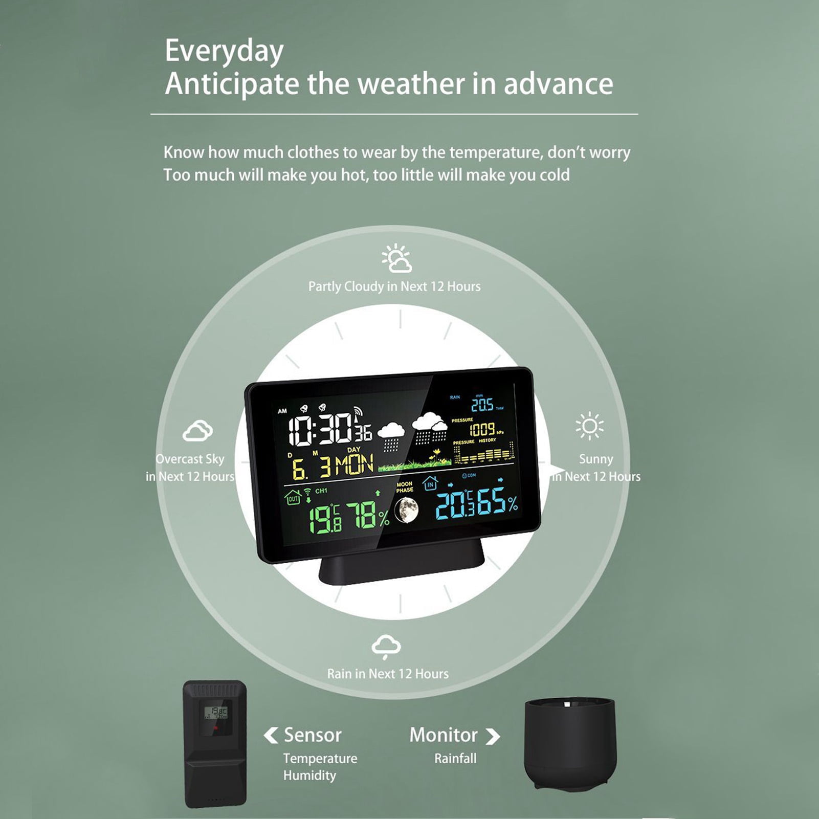 wireless rain gauge Wireless Wireless Weather Station 8-in-1 Indoor/Outdoor Thermometer Temperature Humidity Time Date Radio Signal Air Pressure Moon Phase Display Rain Gauge Digital Weather Forecast