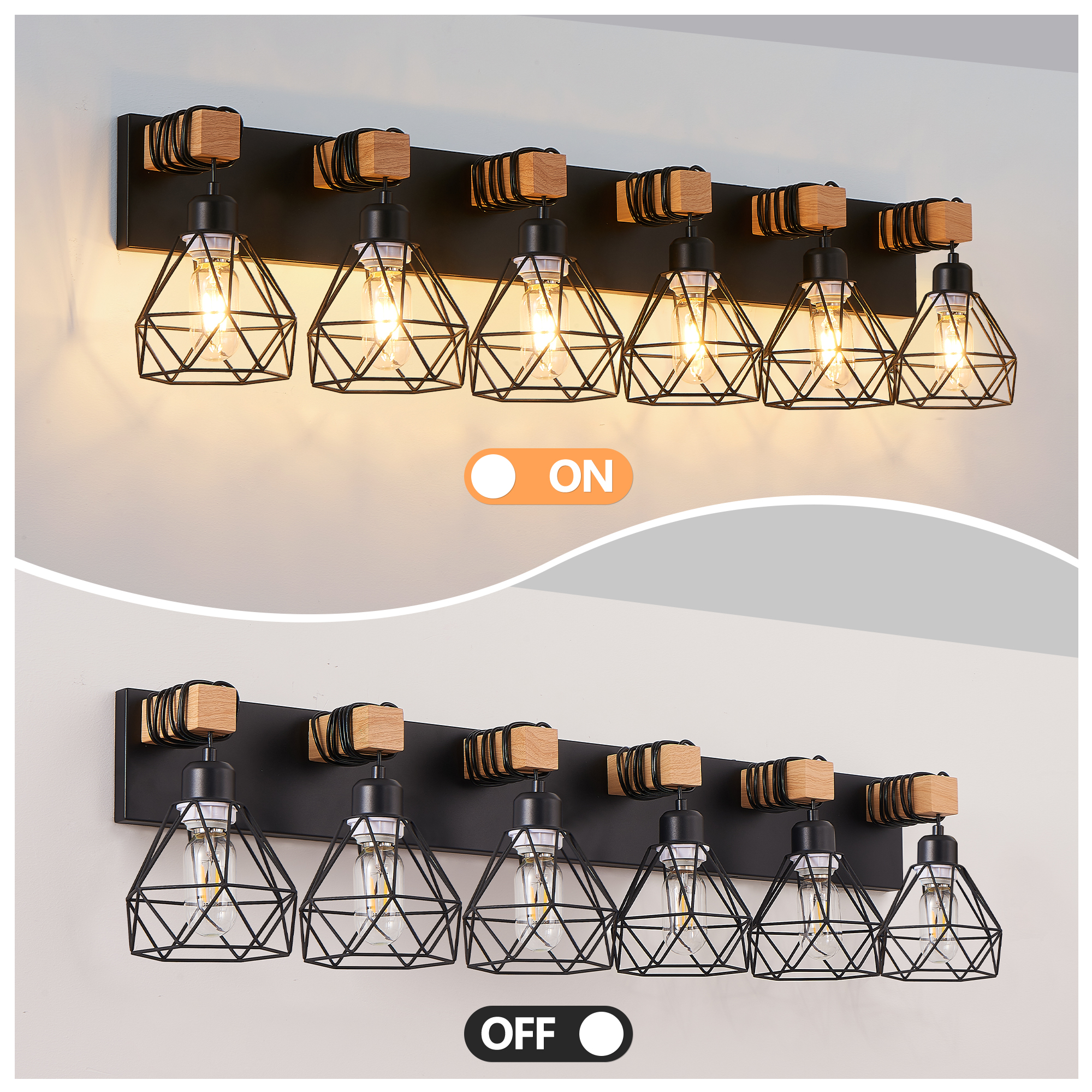 Leumius Modern Geometric 6-Light Vanity Light Fixture with Black Metal, Wooden Accents and Cage Lampshade for Bathroom, Bedroom, or Living Room (Bulb Not Included)
