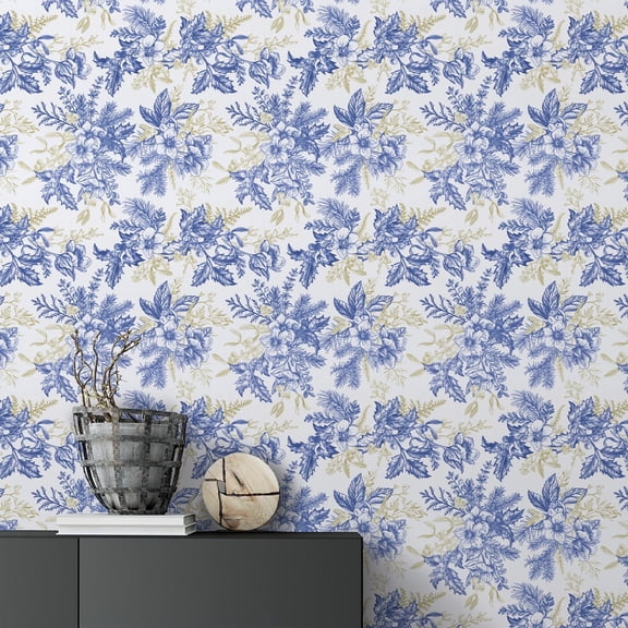 Abyssaly Blue Floral Wallpaper Peel and Stick Wallpaper 17.3" × 393.7" Self Adhesive Removable Wallpaper Vintage Flower Vinyl Wall Paper for Home Decor