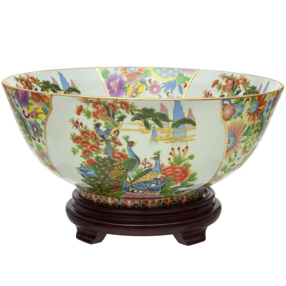 14" Satsuma Birds & Flowers Porcelain Bowl