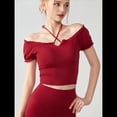 thumbnail image 4 of Camiseta de Verano con Cuello Halter y Hombros Descubiertos para Mujer, de Corta, de Punto Acanalado y Hombros Descubiertos Rojo M, 4 of 8