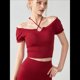 thumbnail image 4 of Camiseta de Verano con Cuello Halter y Hombros Descubiertos para Mujer, de Corta, de Punto Acanalado y Hombros Descubiertos Rojo M, 4 of 8