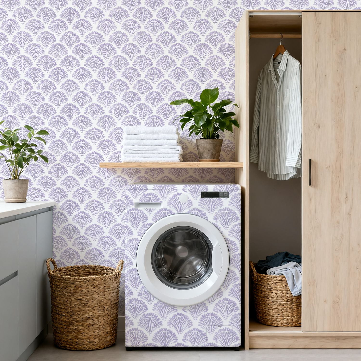 Peel and Stick Wallpaper Lavender Watercolor Art Deco Fan White Wall Mural 17.7in x 9.8ft Self Adhesive Removable Wall Paper Renter Friendly Wallpaper for Nursery Bedroom Cabinets