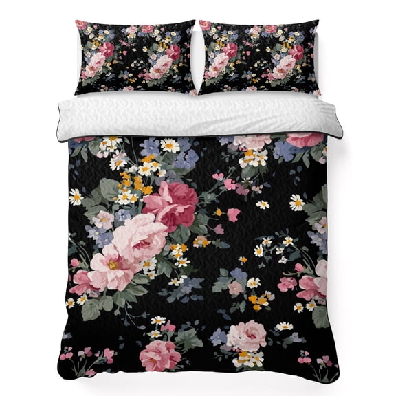 Quilts Full Size Bedding Set, Farmhouse Flowers Lightweight Quilted Comforter, Country Pink Red Floral Leaf Black Soft Reversible Bedspread Coverlet with Pillow Covers for All Season, 78" x 90"