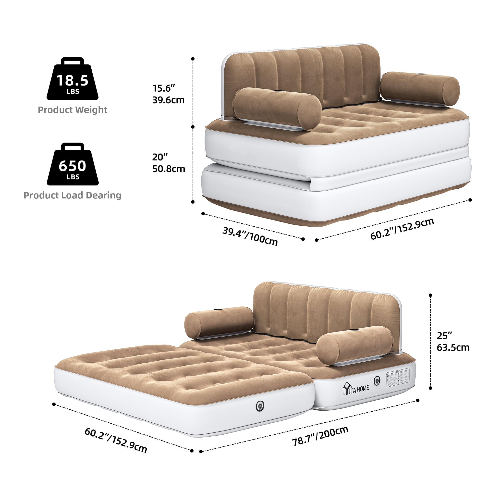 Uforic Queen Size Air Mattress with Built-in Air Pump, Brown Bed Skirt and Gray Top Including Repair Kit and Storage Bag, Supports Inflation/Deflation