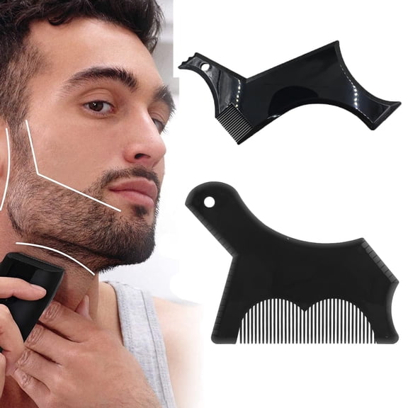2Pcs Men's Beard Shaping Tool With Inbuilt Comb,Black Styling Comb Templates for Goatee Mustache Sideburns, Jaw Cheek/Neck Line, Symmetric/Curve/Step Cut