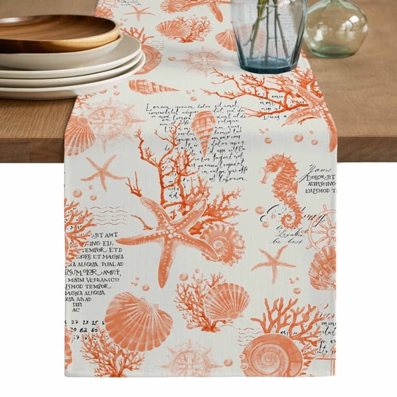 Orange Starfish Table Runner, Rustic Ocean Coastal Shells Conch Coral Washable Cotton Linen Table Runners 60 Inches Long, Dresser Scarf Runner for Coffee/TV Stands/Kitchen/Cabinets 13''x60''