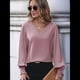 thumbnail image 4 of Camisa Informal Sencilla de Larga con Cuello en V para Mujer, Color Liso, Plisada, con Mangas Farol Rosa M, 4 of 9
