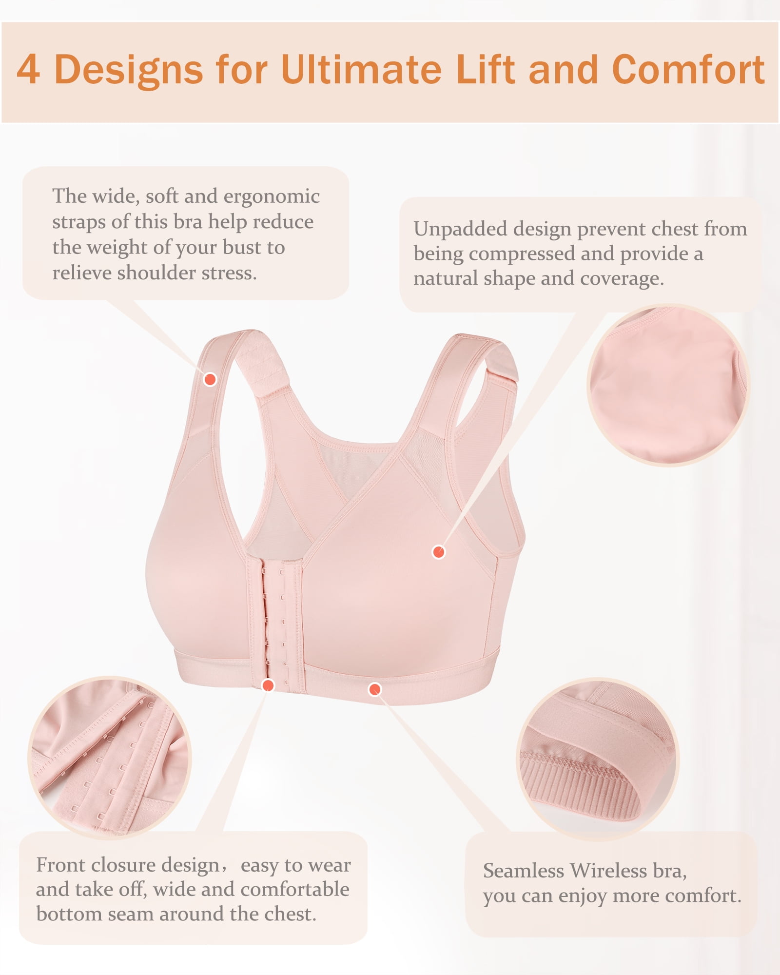 Exerin Women's Back Support Front Closure Bra Full Coverage Non Padded Wirefree(Pink,32DD)