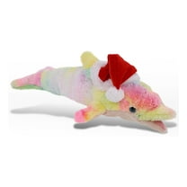 DolliBu Santa Large Rainbow Dolphin Stuffed Animal Plush Toy - Wild Animal Dress Up with Red Santa Claus Hat, Cute Wildlife Gift, Perfect Holiday Christmas Gift - 18 Inches
