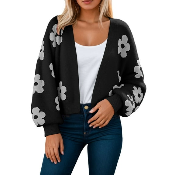 Wang6 Womens Cropped Cardigan Sweaters Fall Winter Long Sleeve Open Front Knits Trendy Floral Printed Knitted Outwear Coats Black XL
