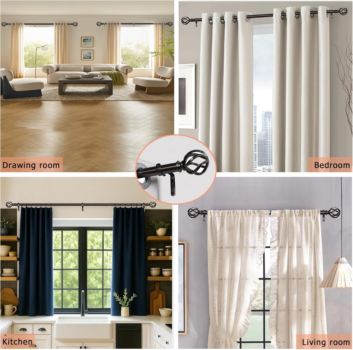 AllWays Plaza Nickel Curtain Rods 18 to 88 Inches, 1 Inch Modern Drapery Rods, Adjustable Heavy Duty Curtain Rod, with Twisted Cage Finial for Home & Office (18"-88"Antique Nickel)