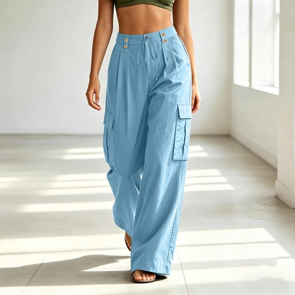 Costeam Womens Cargo Pants Cotton Linen Textured Multi Functional Pockets Relaxed Wide Leg Half Elastic Waist Button Zip Fly Loose Fit Casual Long Trousers
