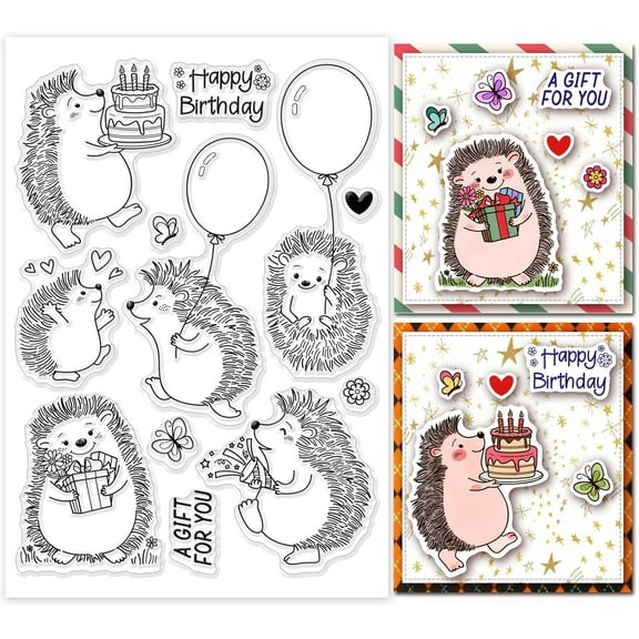 Hedgehog Clear Stamps Birthday Celebration Party Silicone Clear Stamp Seals for Cards Making DIY Scrapbooking Photo Journal Album Decoration 21x14.8cm/8.3x5.8inch