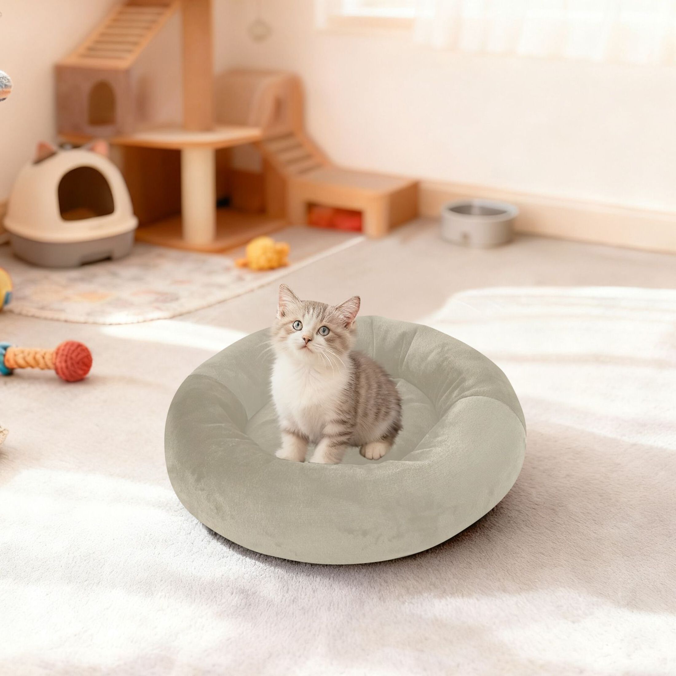 Iauyy Pet Couch Donut Cat Bed for Indoor Cats/Small Dogs Washable & Machine with Non-slip Bottom Calming Cat Furniture, Light Brown and Dark Green (M)