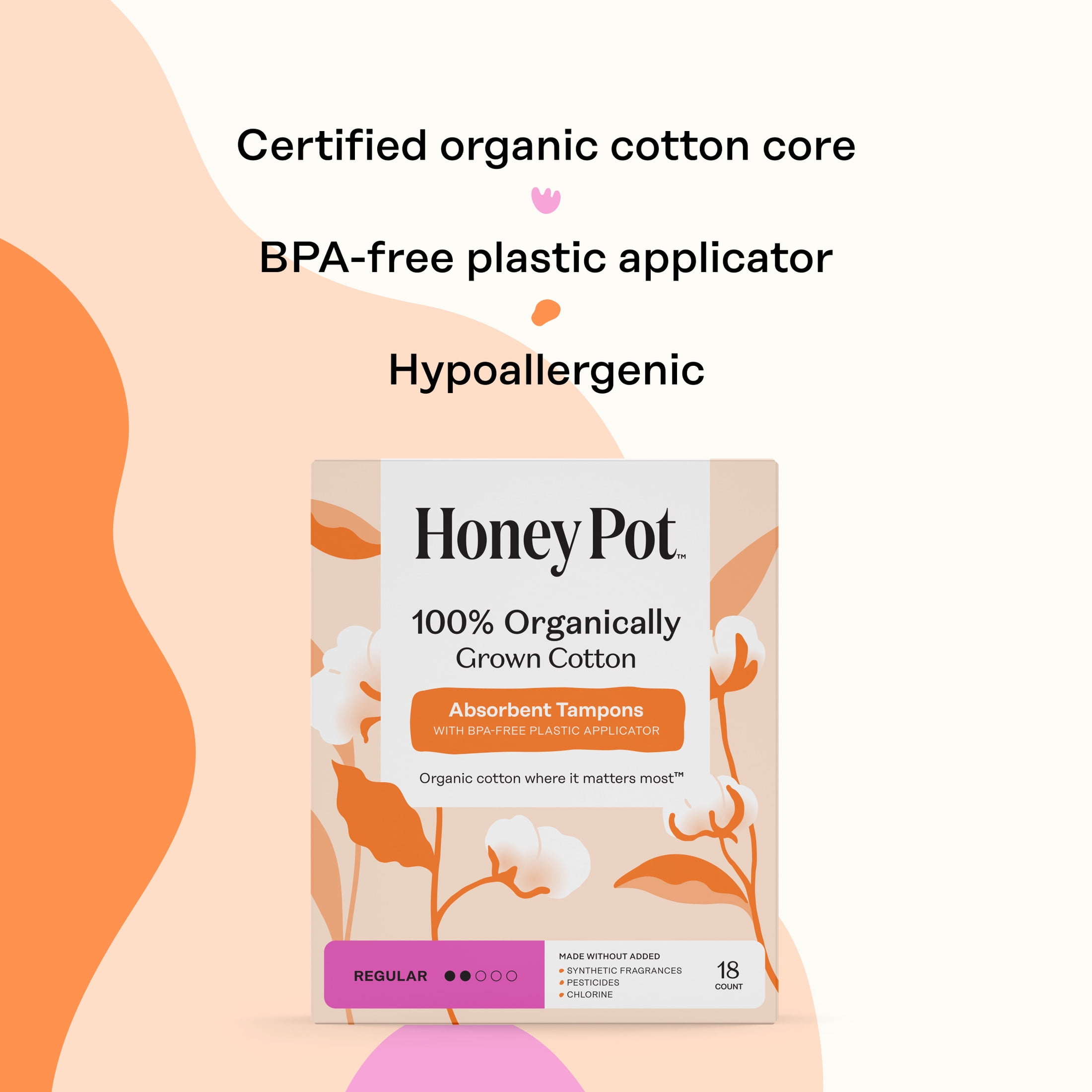Honey Pot 100% Organic Cotton Core Regular Tampons, 18 Count