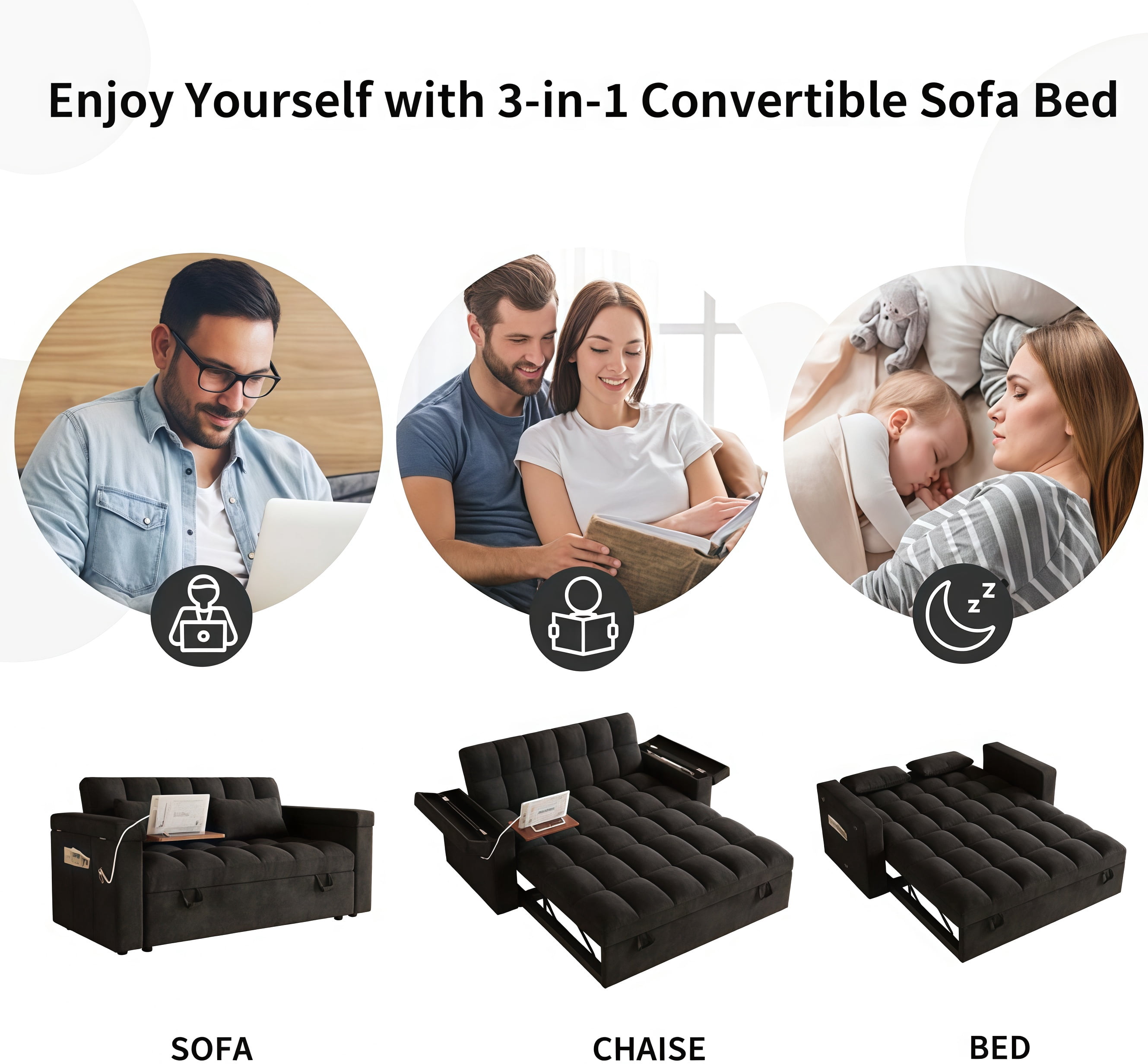 ShiKeyi 65" 3-in-1 Convertible Sofa Bed, Pull Out Loveseat with Chenille Fabric/Hidden storage space/Cup holder, Sleeper Sofa Bed for Living Room, Black