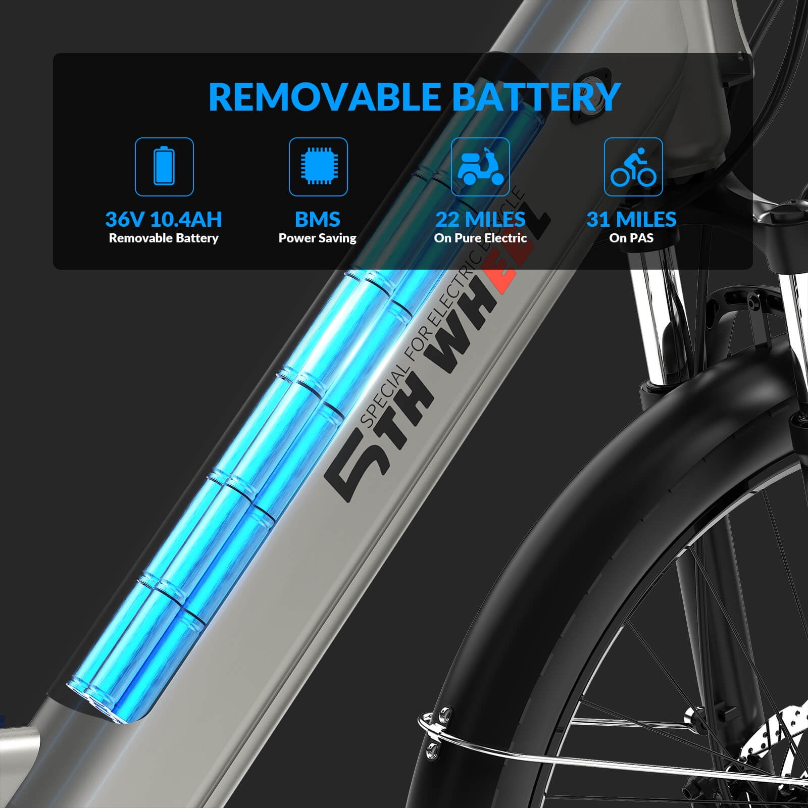 5TH WHEEL W18B Electric Bike for Adult with 350W Motor, 26" Electric Mountain Bike with 36V 10.4Ah Removable Battery Ebike, Electric Bicycle with 7 Speed, UL2849