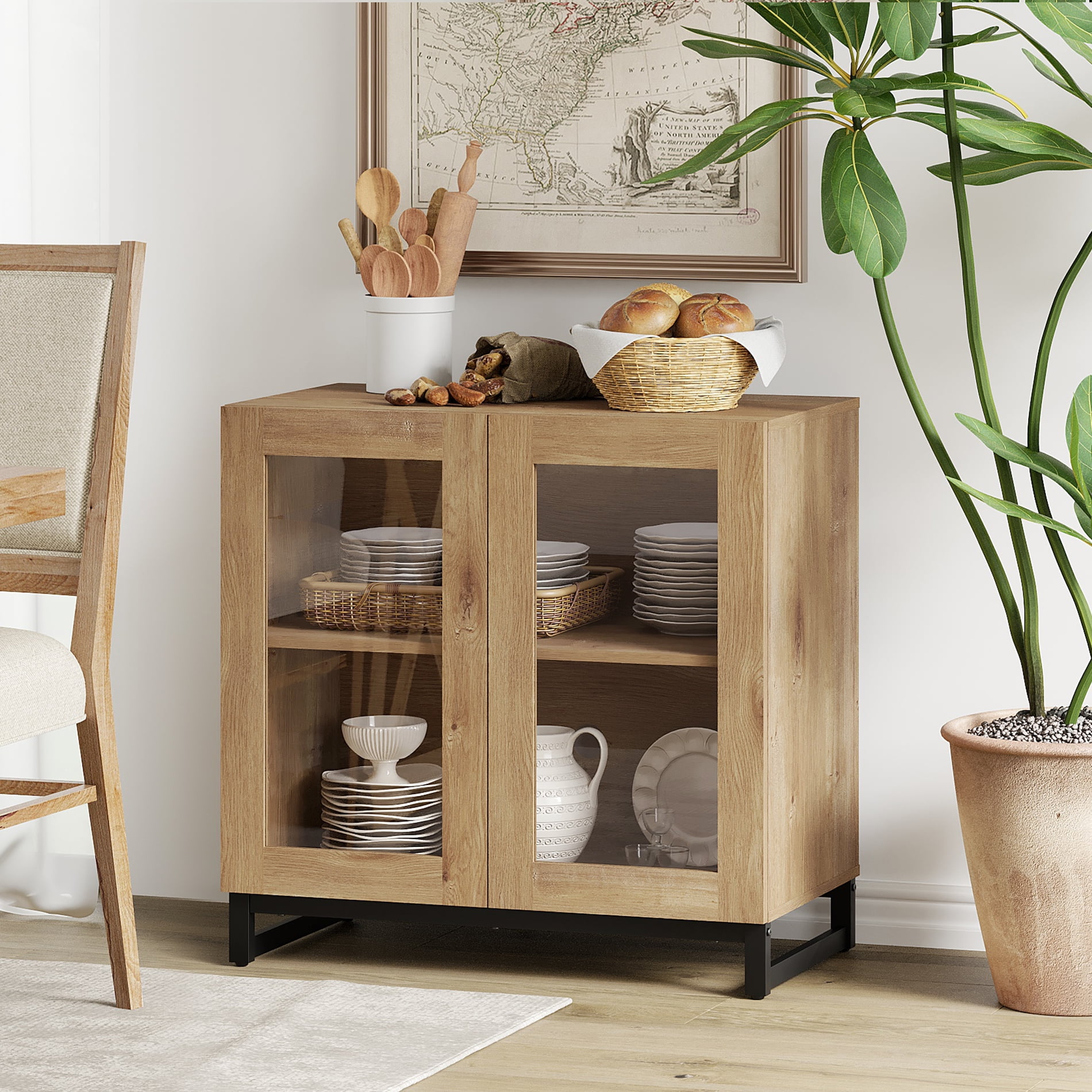 WAMPAT Sideboard Buffet Cabinets with Glass Doors, Modern Sideboard Credenza with Adjustable Shelf, Coffee Bar Storage Cabinet for Living Room, Kitchen, Oak