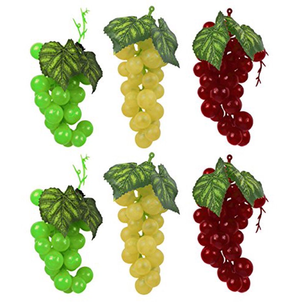 Set of 6 7" x 2.5" Faux Artificial Grape Bunches Includes Green, Yellow and WIne Red Grapes