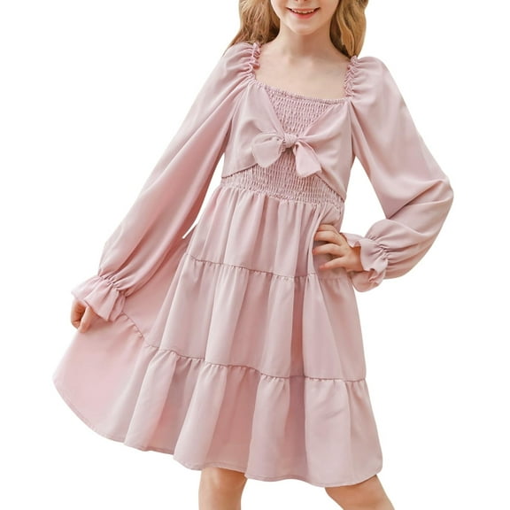 Aideaone Girls Long Sleeve Dresses Bow Tie Off Shoulder Tiered Twirling Casual Fall Dress Pink 5-12 Years