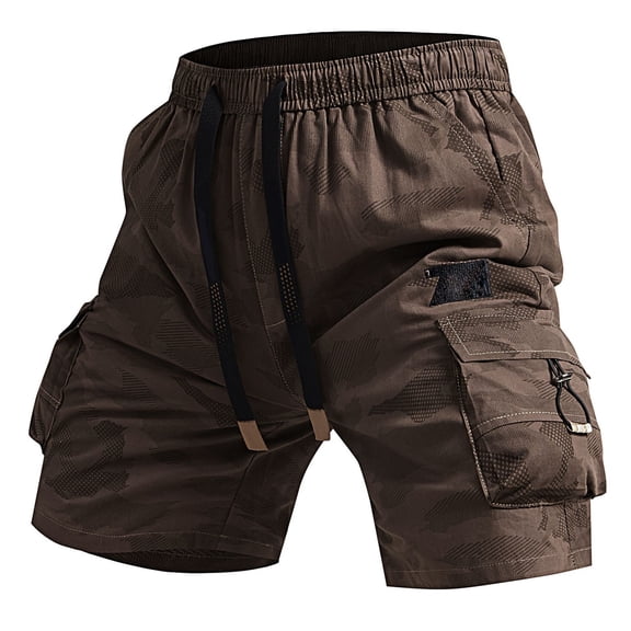 Men's Camo Cargo Shorts Elastic Waist Drawstring Shorts Pants Lightweight Stretch Summer Casual Baggy Big & Tall Cargo Shorts Multi Pockets Twill Quick Dry Beach Shorts,Coffee M