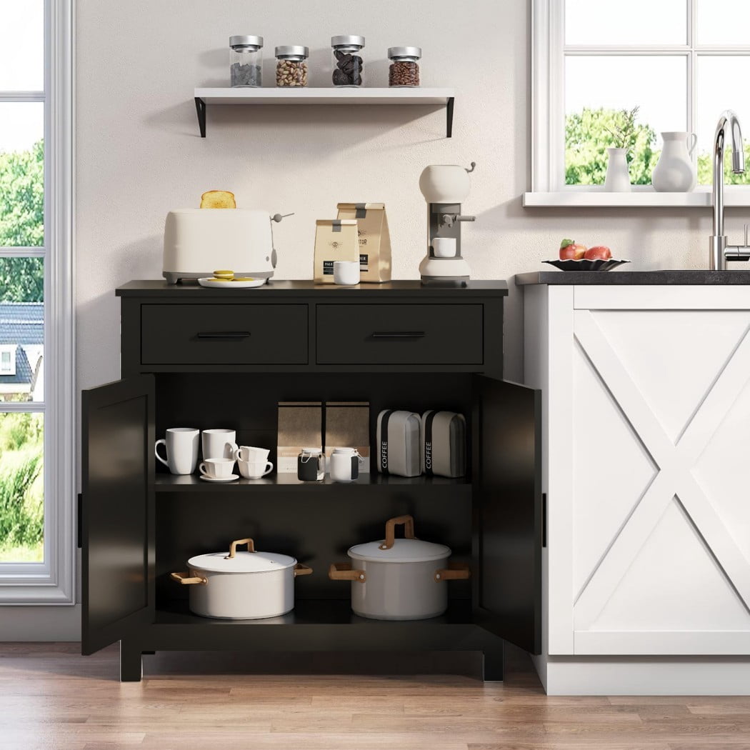Modern Farmhouse Buffet Cabinet, Kitchen Storage Cabinet with 2 Drawers & 2 Doors, Coffee Bar Sideboard with Wide Countertop for Dining Room, Living Room & Entryway, Black