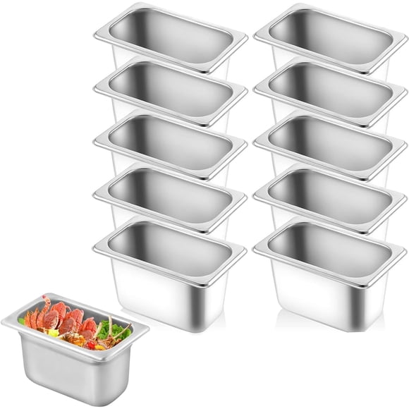 10 Piezas Insertos de Acero Inoxidable 1/9 in, Charolas de Acero Inoxidable 17.6 x 10.8 x 10CM, Apilable y Fácil de Limpiar, Adecu para hoteles, restaurantes, pastelerías, fiestas