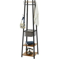 Coat Rack Freestanding,Hall Tree with Metal Basket and Storage Shelves,Industrial Coat Rack Stand with 8 Hooks for Hanging Coats/Hats/Bags/Umbrellas,18 x 18 x 72 In,Vintage Brown